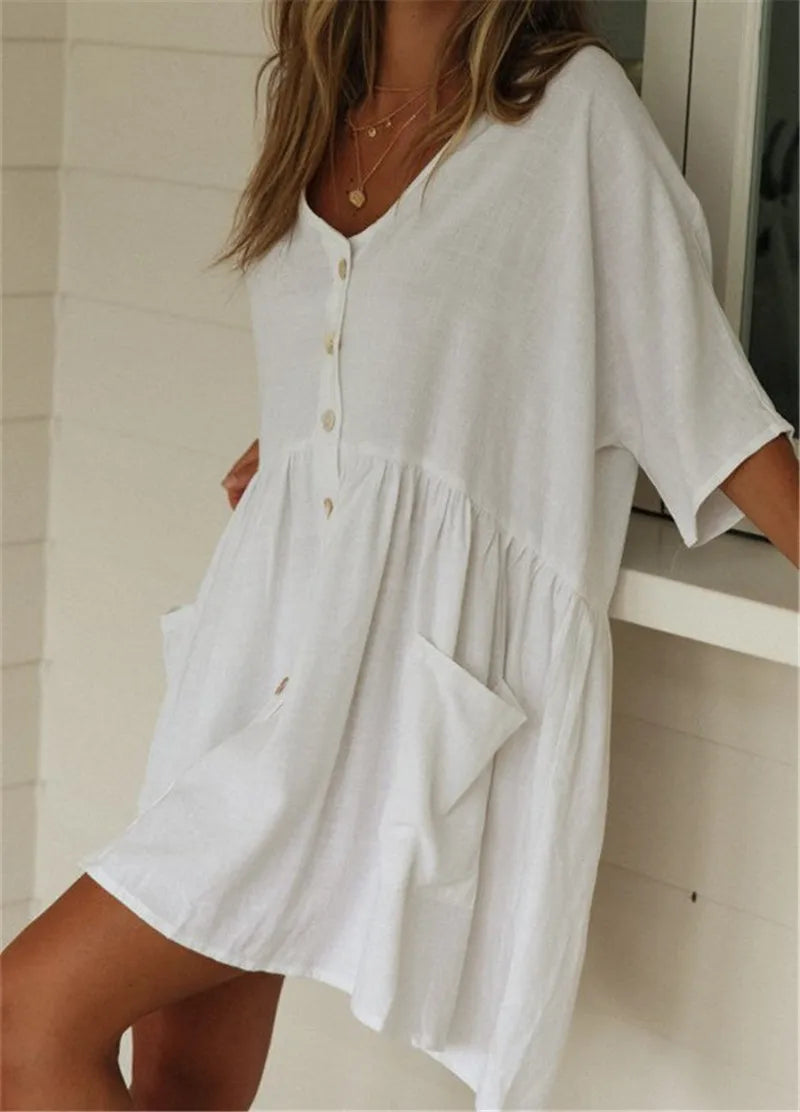 Boho Mini Dress - Beach Tunic - White Halle