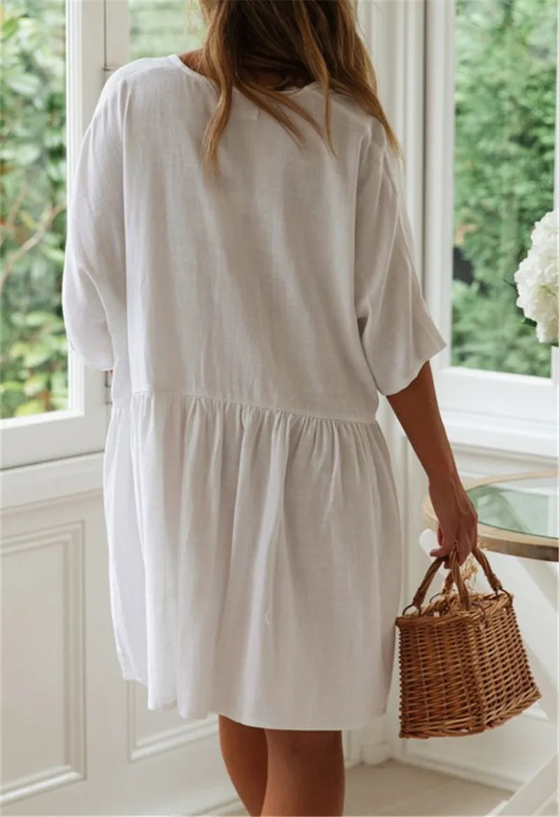 Boho Mini Dress - Beach Tunic - White Halle