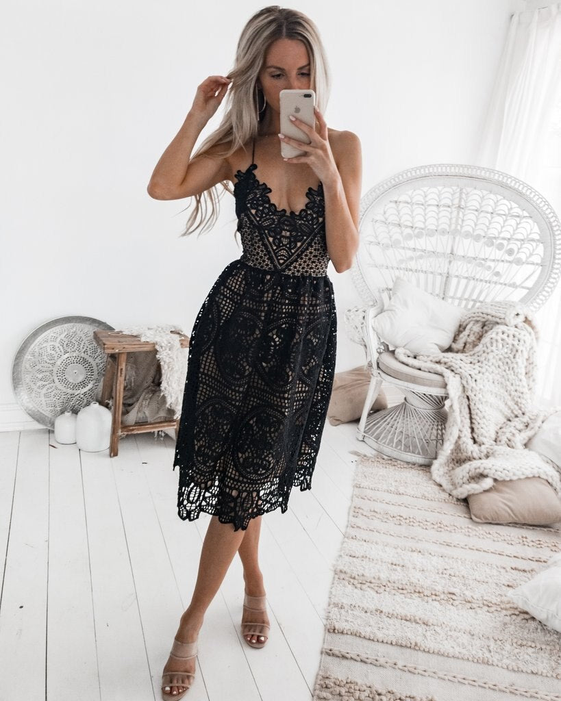 Boho Midi Dress, Sundress, Strapy Lace Chloe  in White, and Black