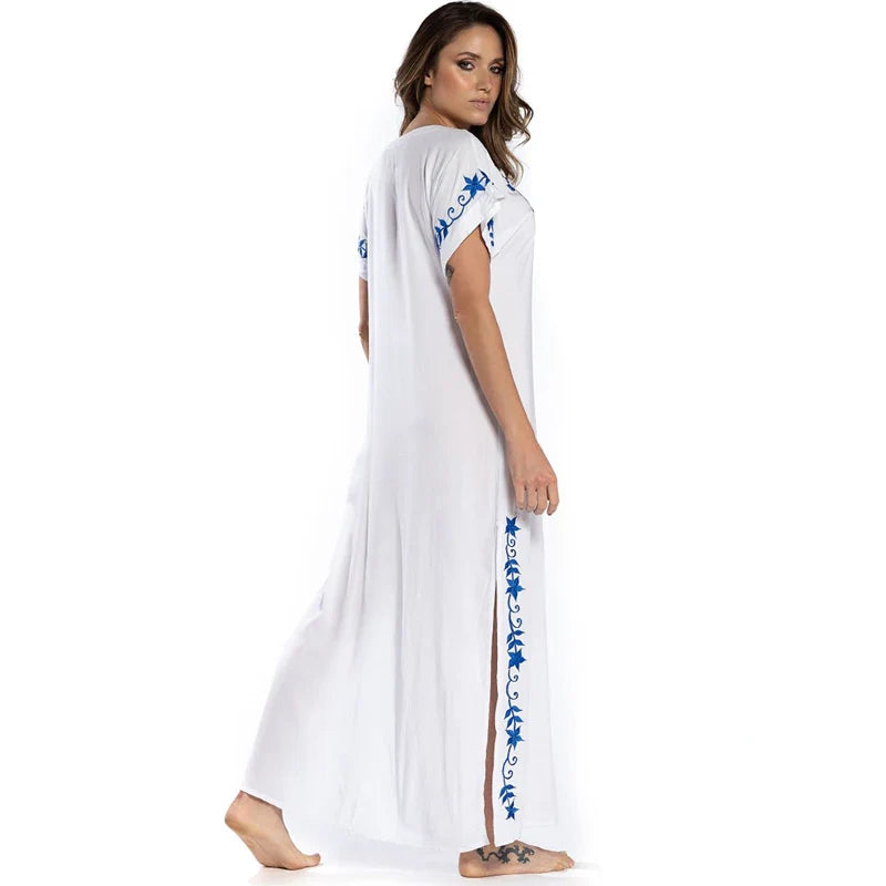 Boho Maxi Dress - Beach Dress, Kaftan Dress Vintage Embroidered in Myla Navy White and Black
