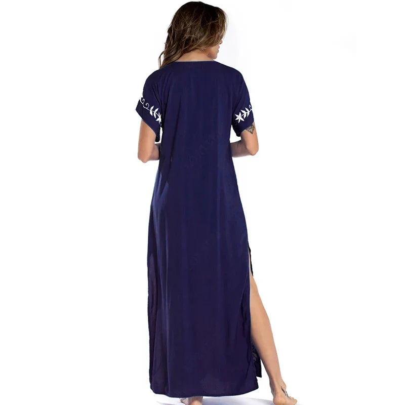 Boho Maxi Dress - Beach Dress, Kaftan Dress Vintage Embroidered in Myla Blue and Black