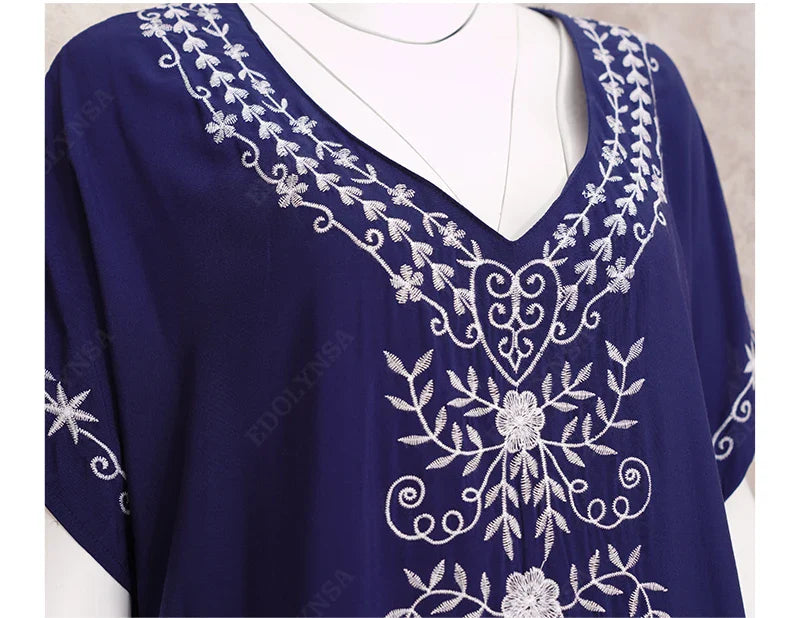 Boho Maxi Dress - Beach Dress, Kaftan Dress Vintage Embroidered in Myla Navy White and Black