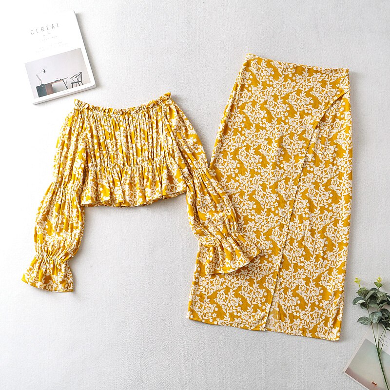 Boho Two Piece Set, Crop Top and Skirt, Vintage Oroslavje in Yellow