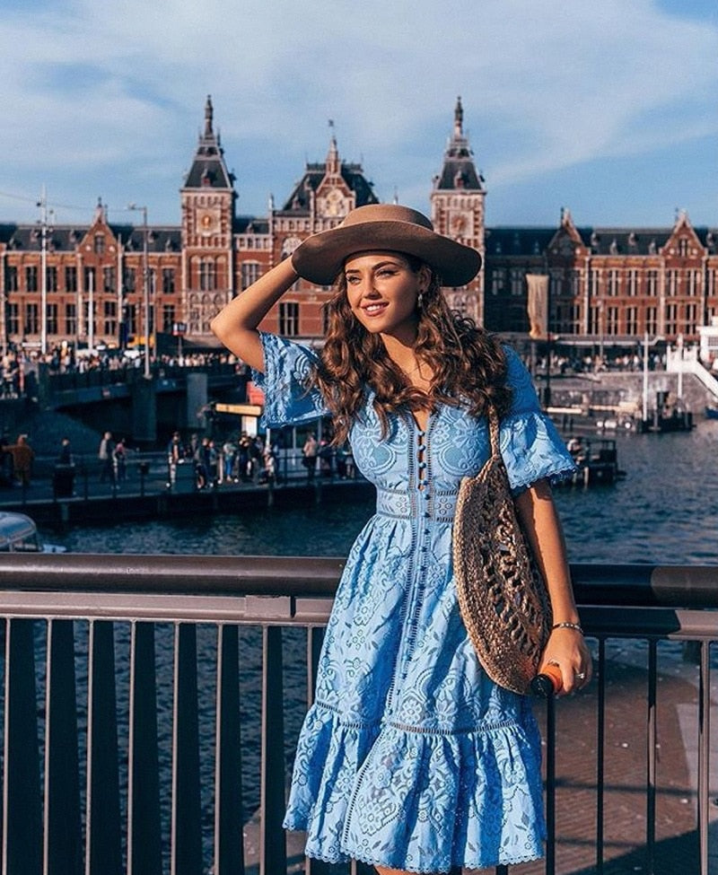 Boho Midi Dress, Sundress, Lace Charlotte  in Blue