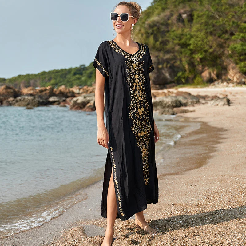 Boho Maxi Dress - Beach Dress, Kaftan Dress Vintage Embroidered in Myla Blue and Black