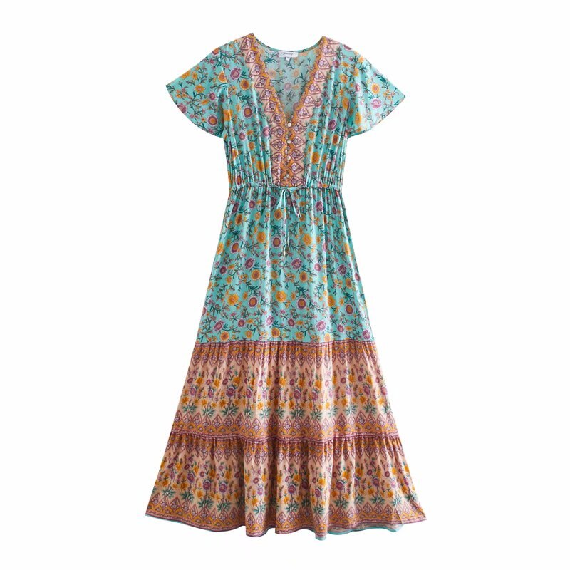 Midi Dress, Boho Dress, Sundress, Aubrey Zaynab in Yellow Pink and Green