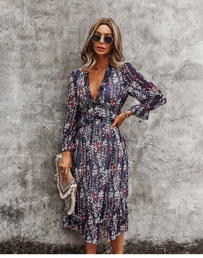 Boho Midi Dress, Ruffle Floral Lillian Navy