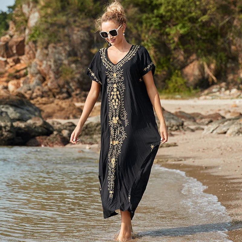Boho Maxi Dress - Beach Dress, Kaftan Dress Vintage Embroidered in Myla Blue and Black