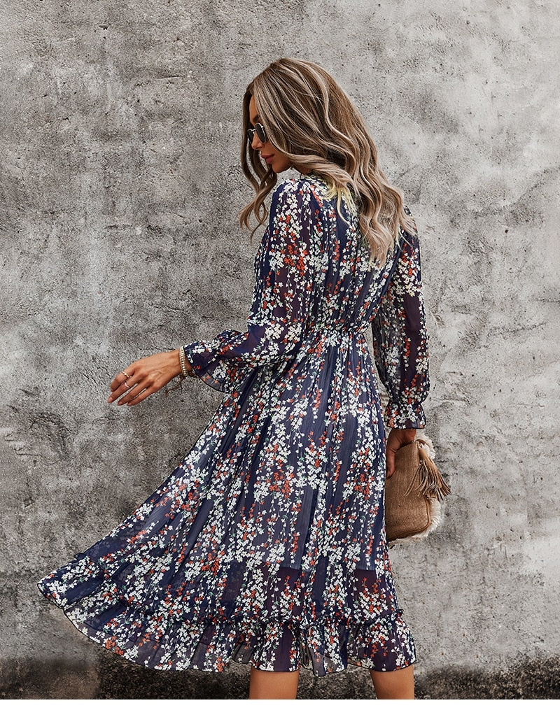 Boho Midi Dress, Ruffle Floral Lillian Navy