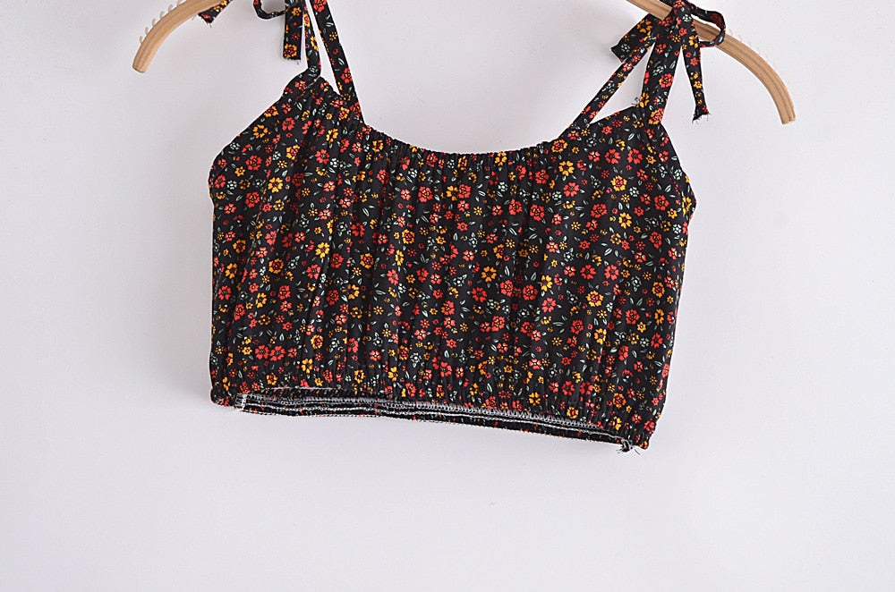 Boho Two Piece Set, Crop Top and Mini Skirt, Sierra Pansy in Red, Black and Green