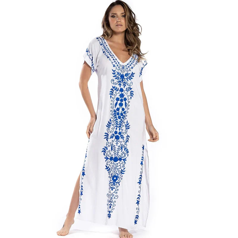 Boho Maxi Dress - Beach Dress, Kaftan Dress Vintage Embroidered in Myla Blue and Black