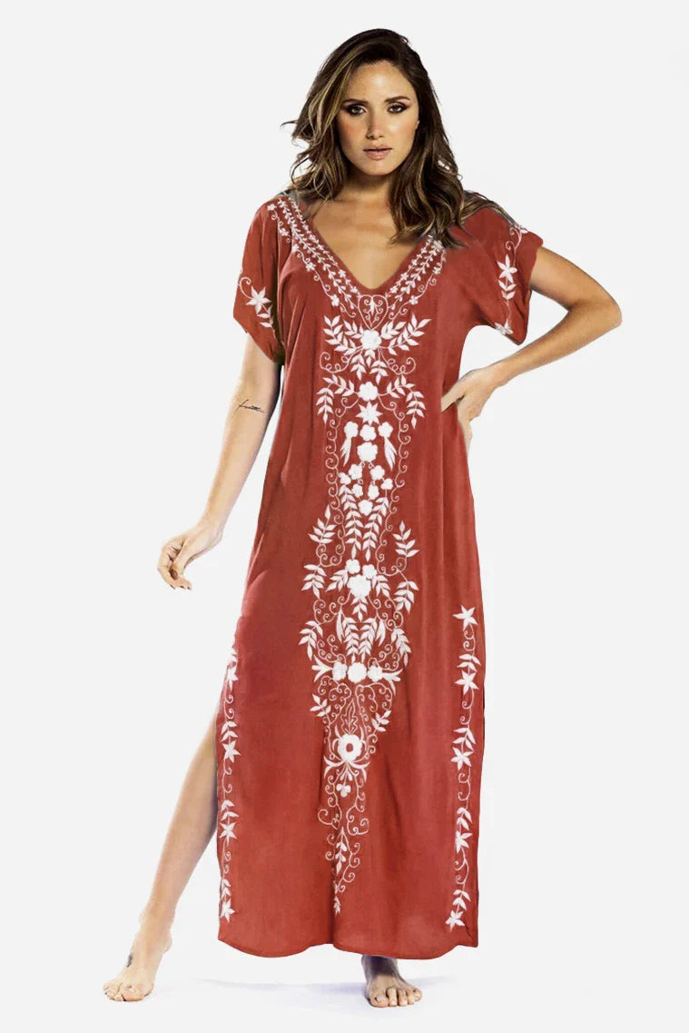 Boho Maxi Dress - Beach Dress, Kaftan Dress Vintage Embroidered in Myla Navy White and Black