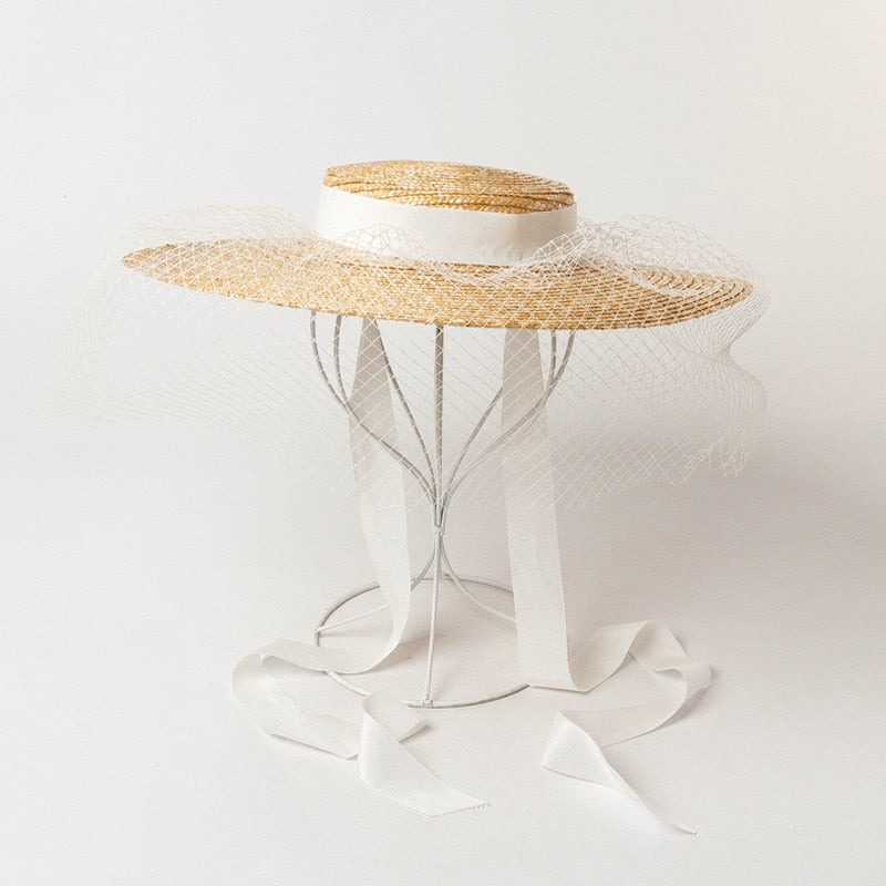 Boho Hat - Summer Hats, Sun Hat, Beach Hat - Wide Brim Straw Hat, Vintage Style with Long Ribbon Mesh Darcy