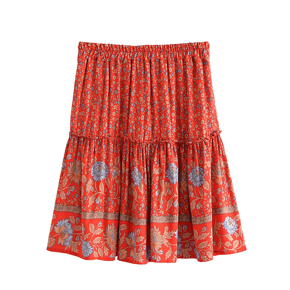 Boho Two Piece Set, Crop Top and Mini Skirt, Sierra Pansy in Red, Black and Green