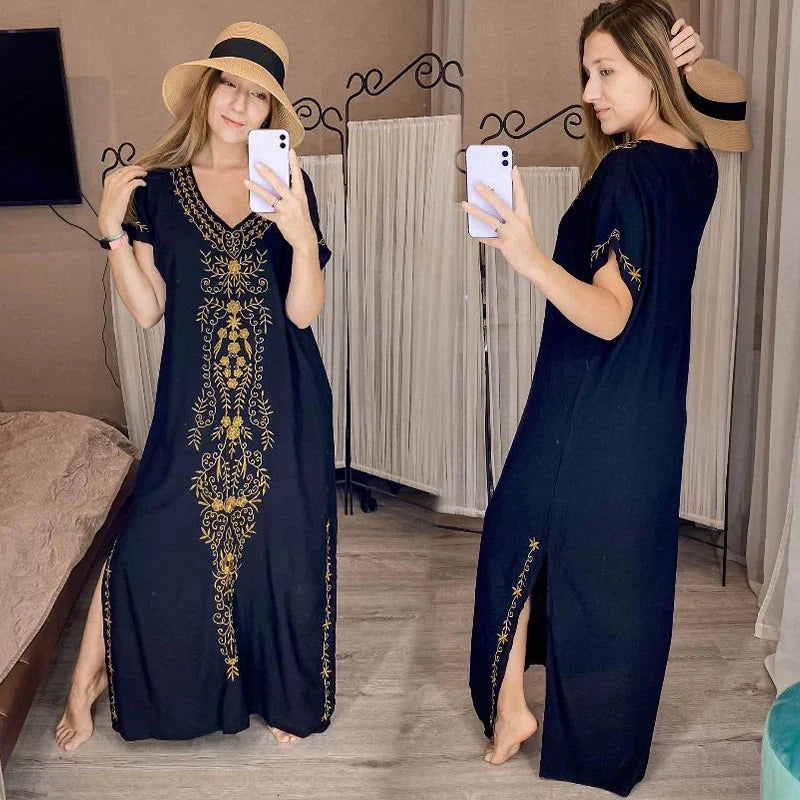 Boho Maxi Dress - Beach Dress, Kaftan Dress Vintage Embroidered in Myla Navy White and Black