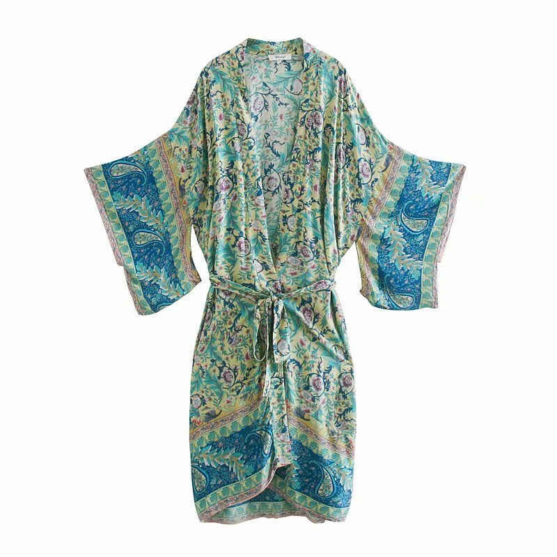 Boho Robe, Kimono Robe,  Beach Cover up, Feather Paisley in Brown