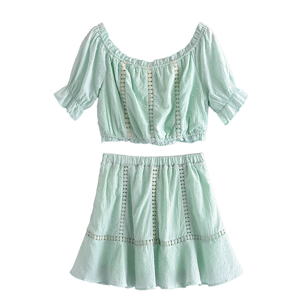 Boho Two Piece Set, Crop Top and Skirt, Doll's eyes in White
