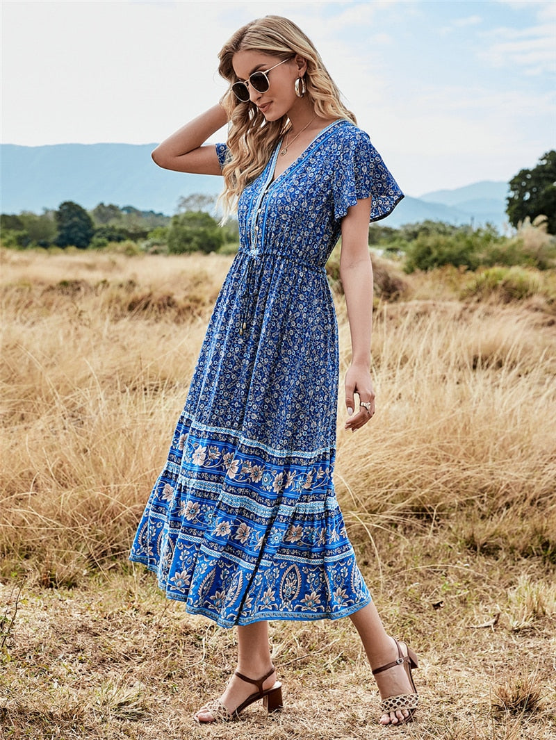 Midi Dress, Boho Dress, Sundress, Aubrey Eulalie in Yellow Pink and Green