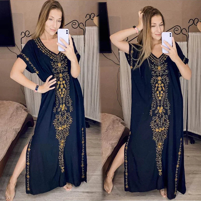 Boho Maxi Dress - Beach Dress, Kaftan Dress Vintage Embroidered in Myla Blue and Black