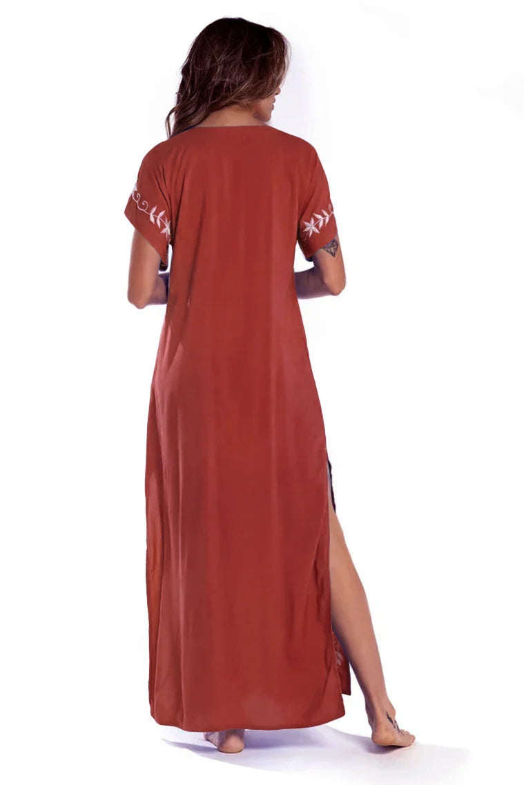 Boho Maxi Dress - Beach Dress, Kaftan Dress Vintage Embroidered in Myla Navy White and Black