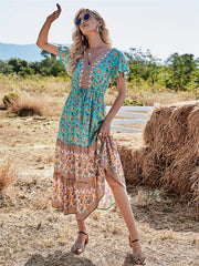 Midi Dress, Boho Dress, Sundress, Aubrey Zaynab in Yellow Pink and Green