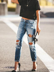 High waist Hole Straight Jeans