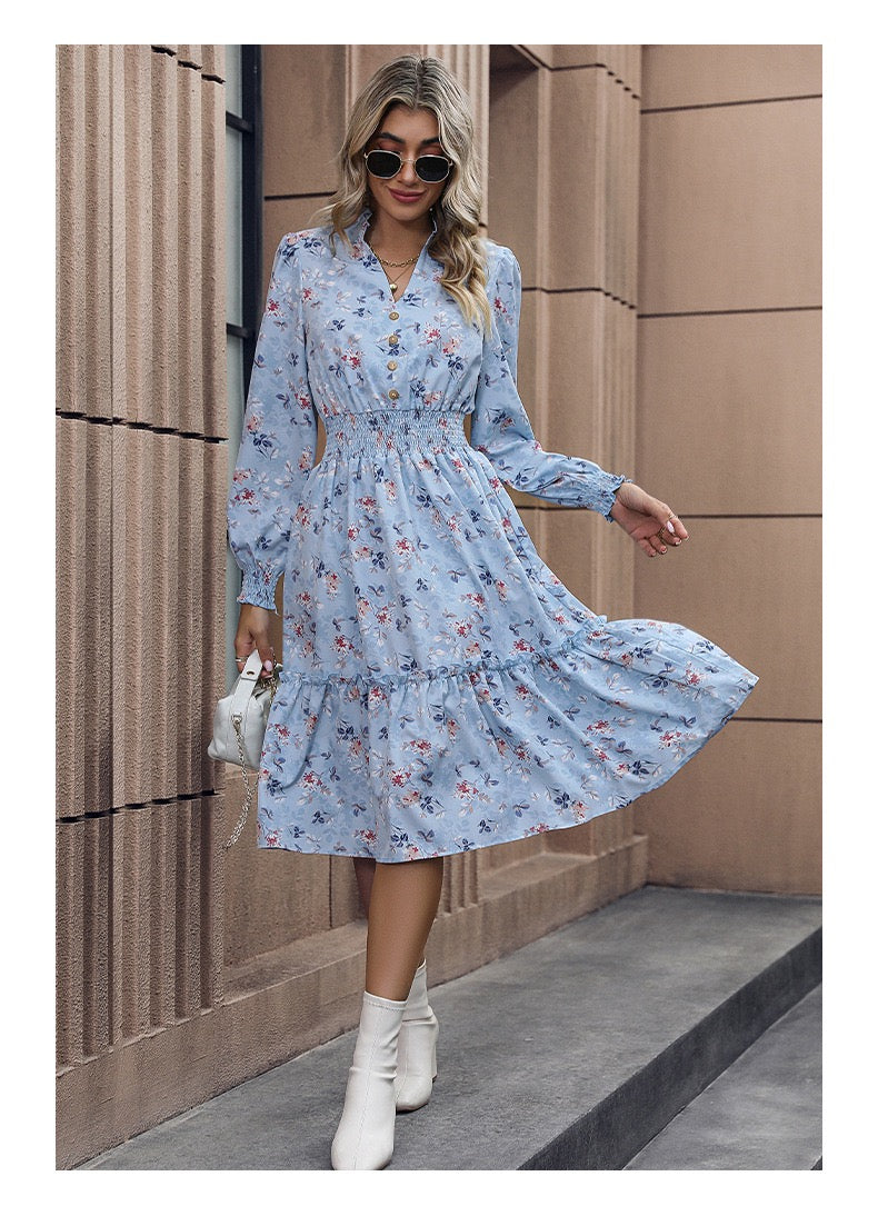 Women's Dresses Printed V-Neck Lace Long Sleeve Dress