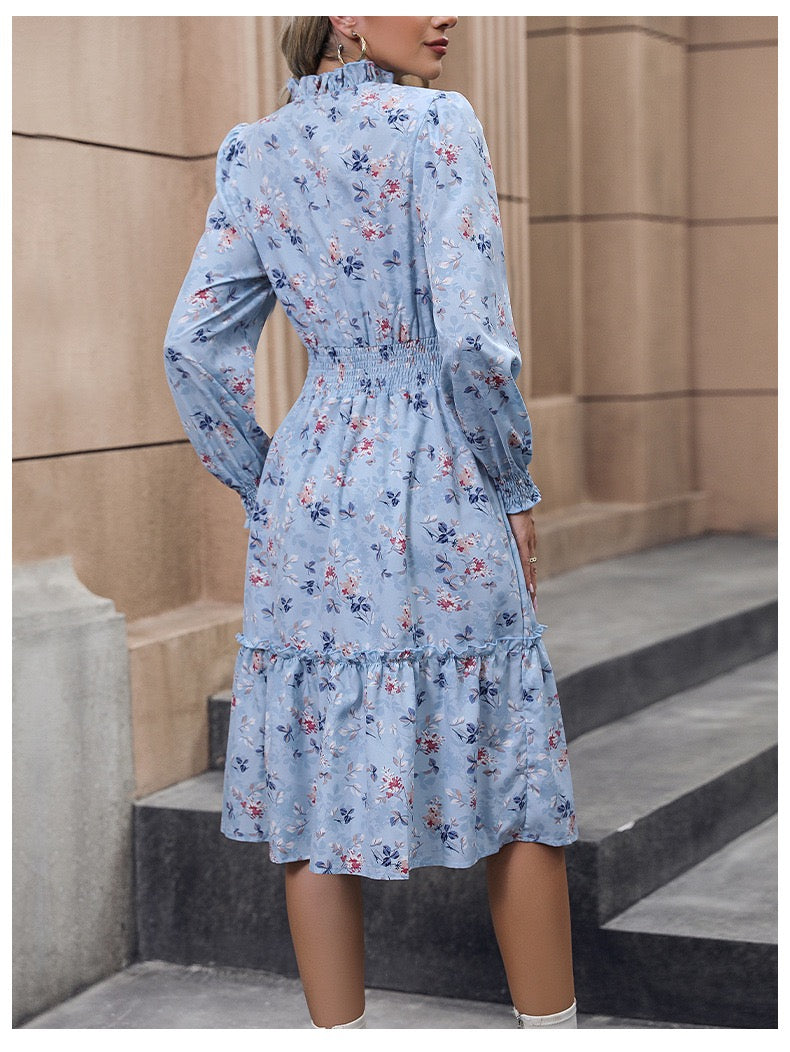 Women's Dresses Printed V-Neck Lace Long Sleeve Dress