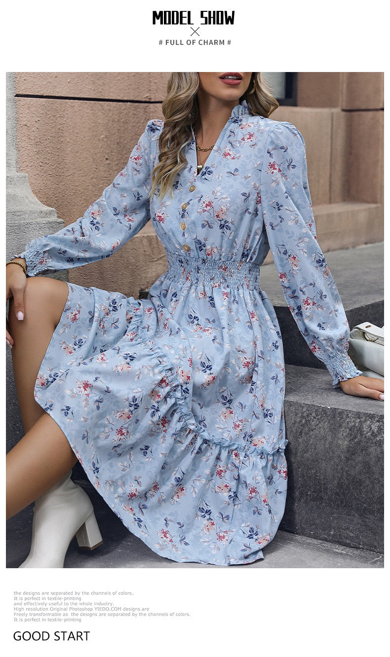 Women's Dresses Printed V-Neck Lace Long Sleeve Dress