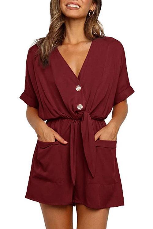 V Neck Pockets Romper