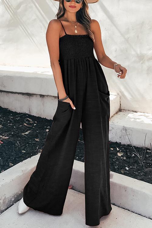Elastic Pockets Wide Leg Slip Jumpsuit
