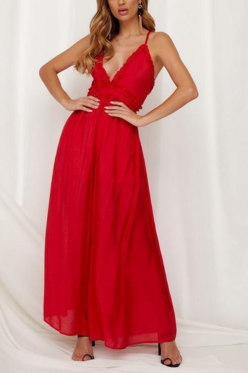 Ruffles V Neck Backless Slip Jumpsuits