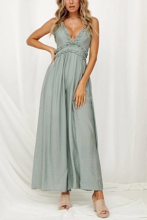 Ruffles V Neck Backless Slip Jumpsuits