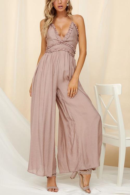Ruffles V Neck Backless Slip Jumpsuits