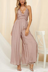 Ruffles V Neck Backless Slip Jumpsuits