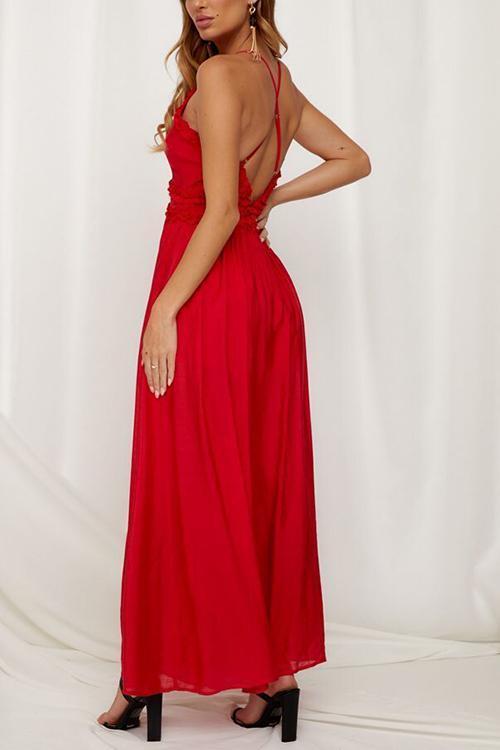 Ruffles V Neck Backless Slip Jumpsuits