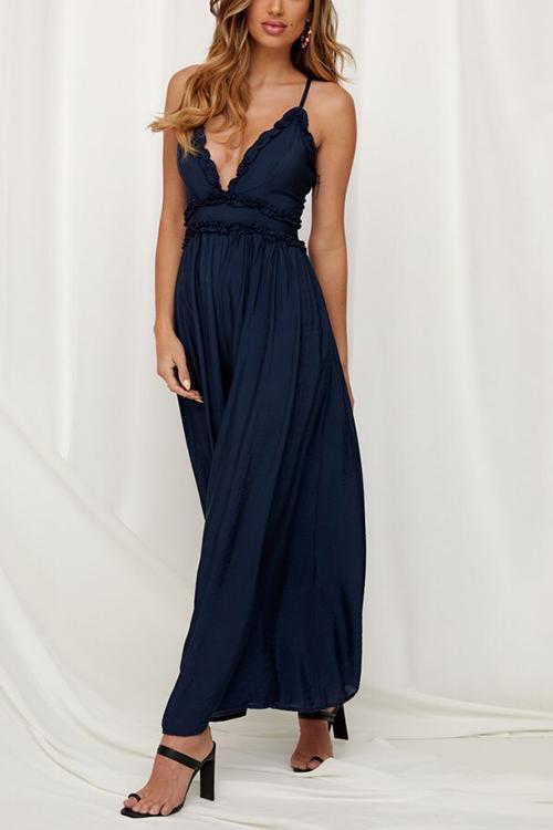 Ruffles V Neck Backless Slip Jumpsuits