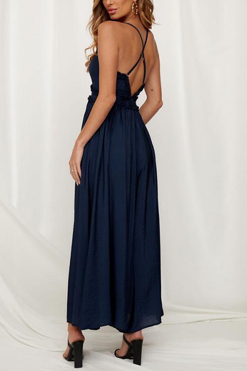 Ruffles V Neck Backless Slip Jumpsuits