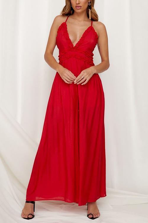 Ruffles V Neck Backless Slip Jumpsuits