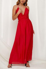 Ruffles V Neck Backless Slip Jumpsuits