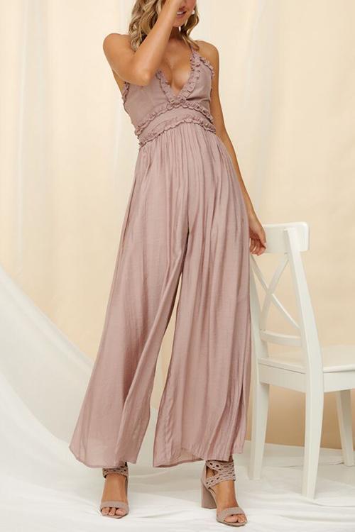 Ruffles V Neck Backless Slip Jumpsuits