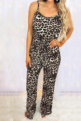 Leopard Pockets Drawstring Slip Jumpsuits
