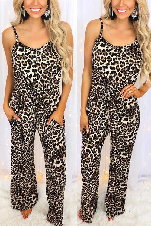 Leopard Pockets Drawstring Slip Jumpsuits