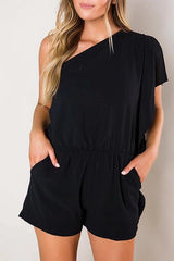 Ruffles One Shoulder Pockets Romper