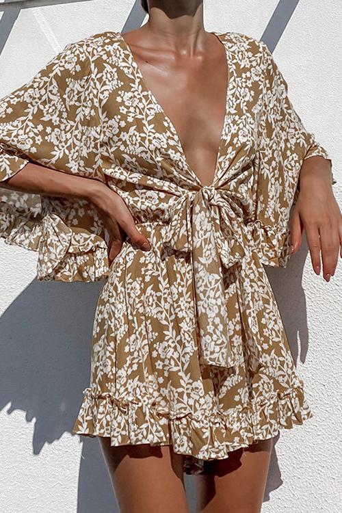 Print Ruffles Knot Bat Romper