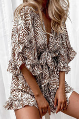 Print Ruffles Knot Bat Romper