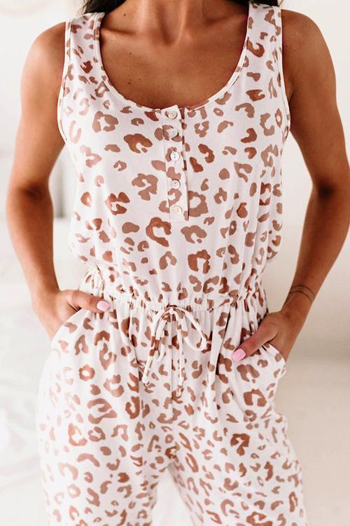 Leopard Button Sleeveless Jumpsuits