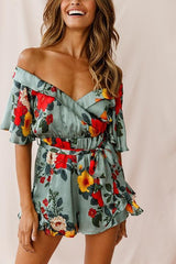 Ruffles Floral Print V Neck Belted Romper