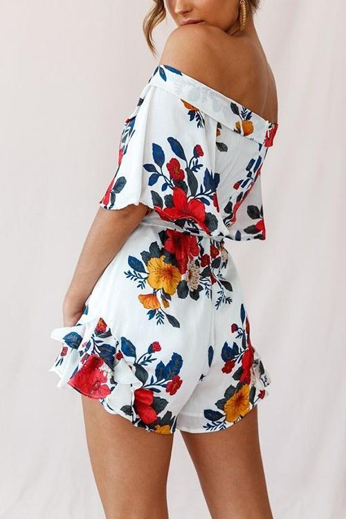 Ruffles Floral Print V Neck Belted Romper