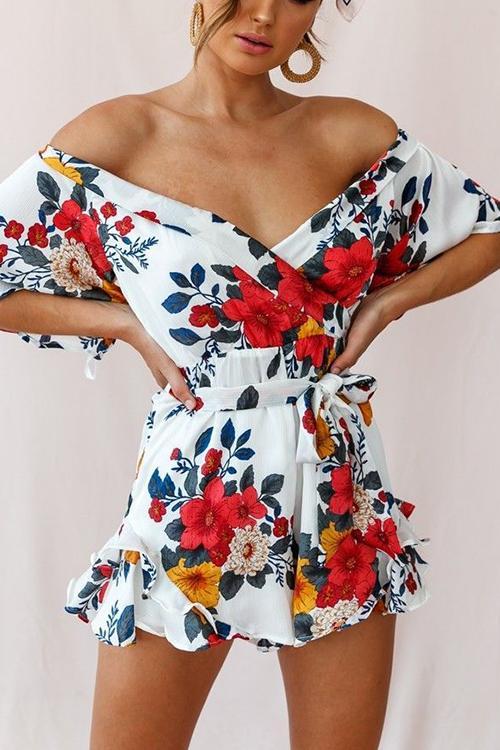 Ruffles Floral Print V Neck Belted Romper